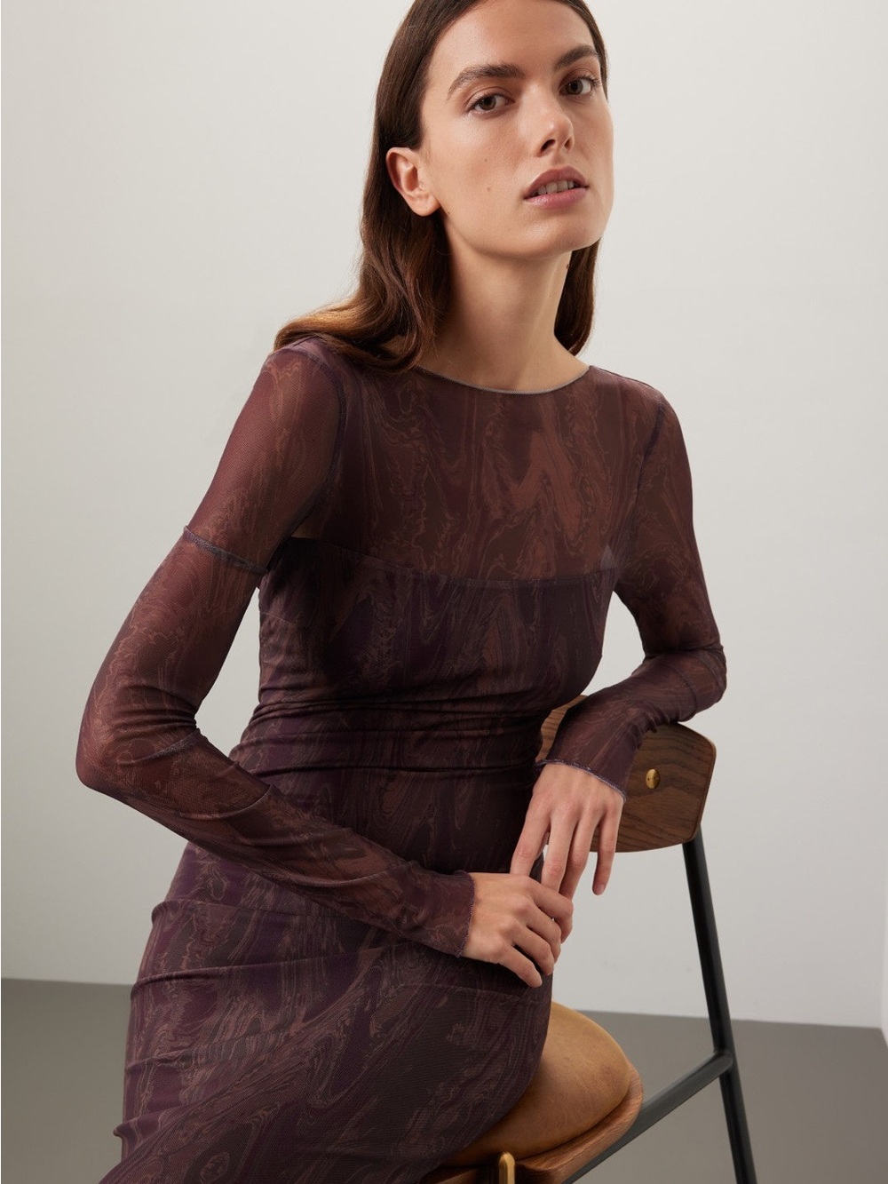 Sheer Long-Sleeve Bodycon Dress in Plum